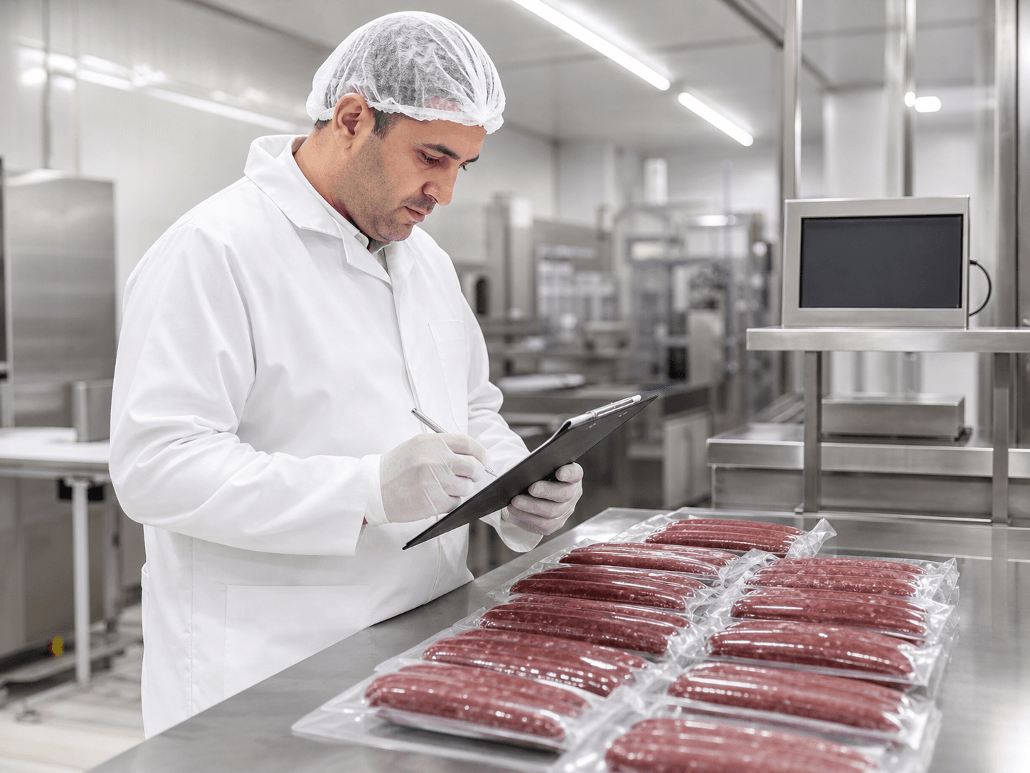 Food safety specialist inspecting packaged meat products
